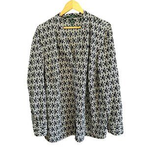 Lauren Ralph Lauren Blue White Geometric Print Blouse 3X Pullover Long Sleeve